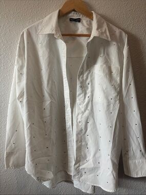 White Embellished Button-Down Shirt - Women's